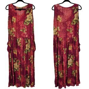Vtg BILA Womens Pink Floral Crinkle Drop Waist Maxi Dress Sz‎ L Pockets Rayon
